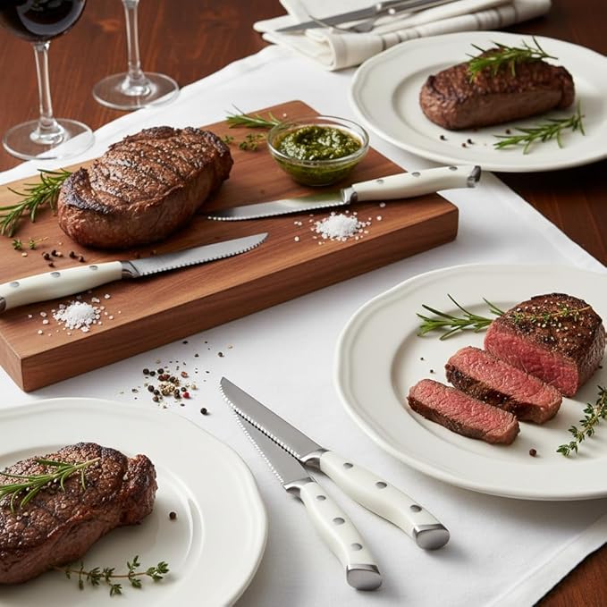 Alata 8-Piece White Steak Knives Set with Block, Stainless Steel Steak Knife set with Serrated Edge, Razor-Sharp, Full-Tang Construction, Dishwasher Safe