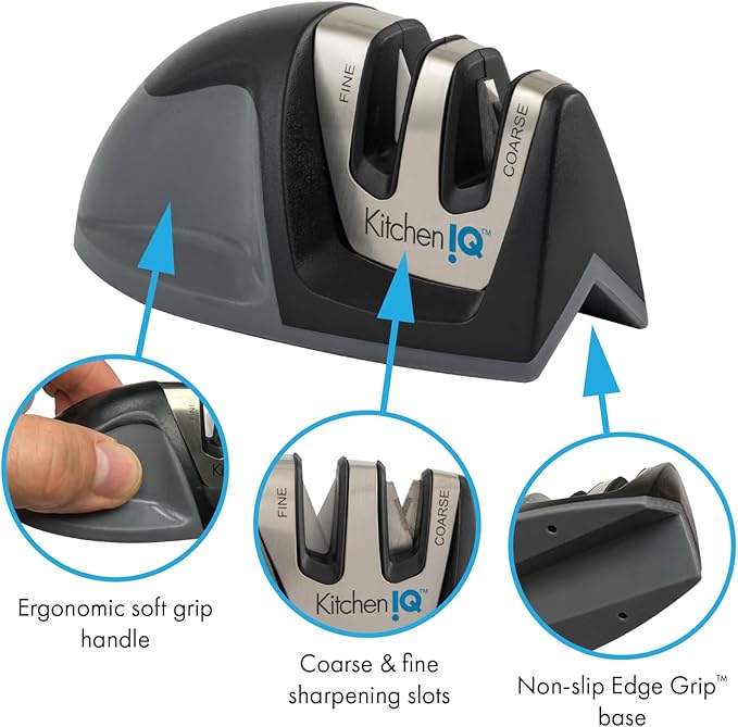 KitchenIQ 51420 | Edge Grip 2-Stage Knife Sharpener | Black – 3 Pack | Coarse & Fine Sharpeners | Compact for Easy Storage | Stable Non-Slip Base | Soft Grip Rubber Handle | Straight & Serrated Knives