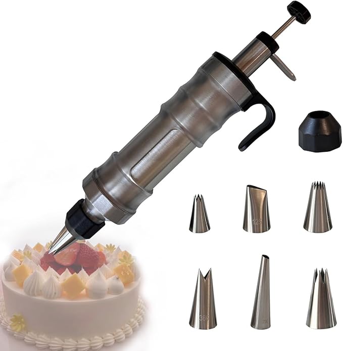 Dessert Decorating Piping Syringe Set Cake Decorating Tool Cookie Gun Press,Icing Decoration Gun,Frosting Piping Kit 6 Piping Icing Nozzles for Baking,Decorating Cupcake,Deviled Eggs (Silver & Black)