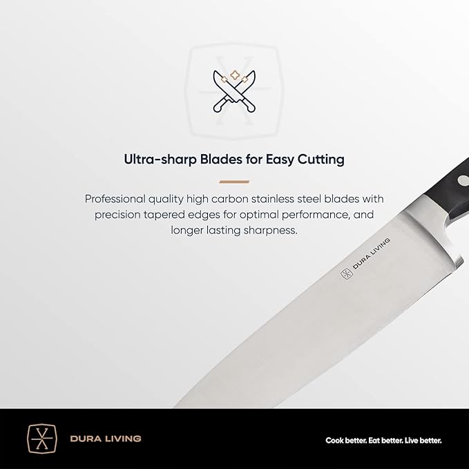 DURA LIVING Chef's Knife Set, 4 Piece Cutlery Knife Set, Superior Forged High Carbon Stainless Steel Ultra Sharp 8 Inch Chef, 7 Inch Santoku, 5 Inch Utility, 3.5 Inch Paring Knives, Black