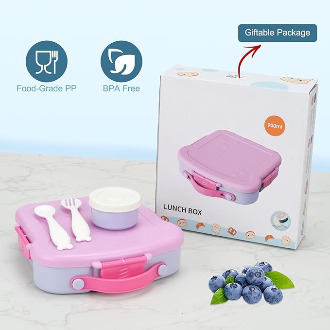 Bento Box for Kids School Lunch Box with Utensils and a Dipping Bowl, Leak-Proof 4 Compartments with Carrying Handle, BPA-Free Bento Box for Girls and Boys in School, Preschool, Daycare (Purple)