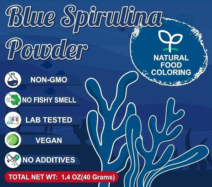 Blue Spirulina Powder - 40g Natural Blue Food Coloring, No Fishy Smell, 100% Vegan Phycocyanin Extract Spirulina Powder, Plant Based Food Dye for Cake Decorating, Smoothie, Baking, Drinks