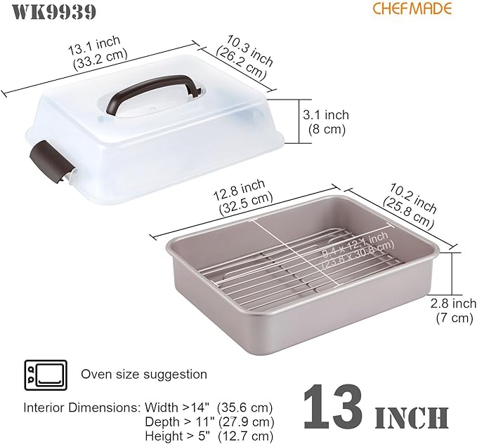 CHEFMADE Roasting Pan with Rack, 13-Inch Non-Stick Rectangular Deep Dish Oven-BBQ Bakeware for Oven Baking 9" x 13" x 2.4" (Champagne Gold)