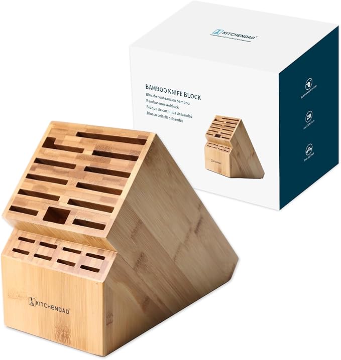 KITCHENDAO Deluxe 20 Slot Bamboo Knife Block Block without Knives, Countertop Butcher Block Kitchen Knife Stand, Hold Multiple Large Blade Knives, Wider Slots for Easier Storage