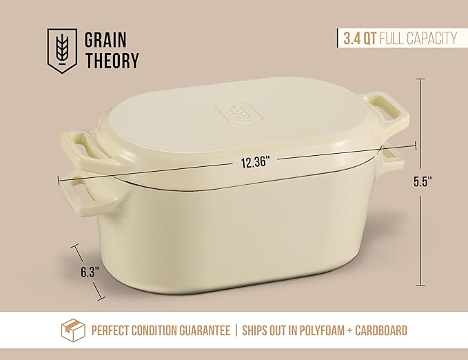 KooK Dutch Oven, for Bread Baking, Sourdough Loaf Pan, with Lid, Dual Handles, Enameled Cast Iron, includes Lid Lever, Dishwasher Safe, 3.4 Qt, Ivory