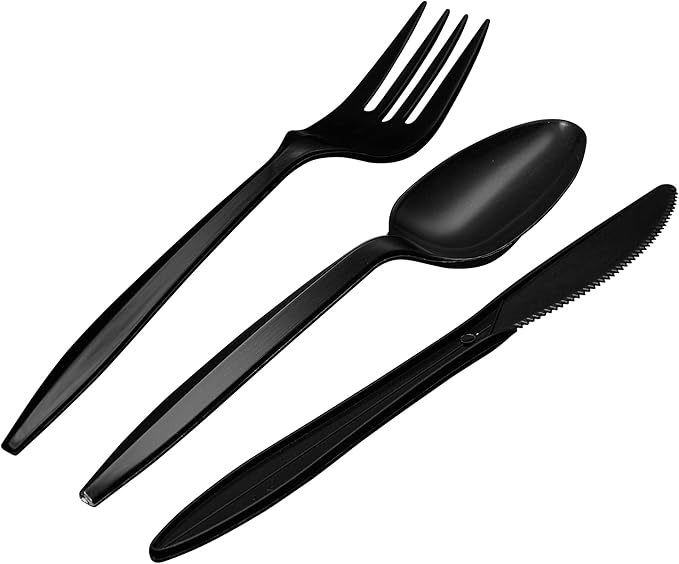 1,000 Plastic Disposable Cutlery Bulk Variety Pack Black Medium Weight Includes 334 forks, 333 knives, 333 soup spoons, Disposable Silverware Plastic Cutlery