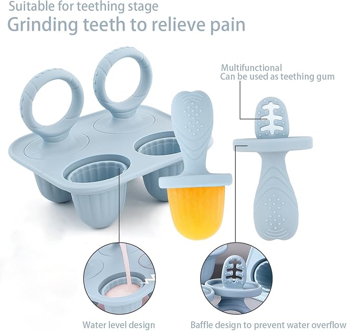 Silicone Baby Ice Pop Molds with Easy-Grip Handles, 4-Cavity Frozen Treat Tray for Toddlers, Mini Popsicle Maker for Teething Relief, Fruit Puree & Breastmilk Snacks (Beige)