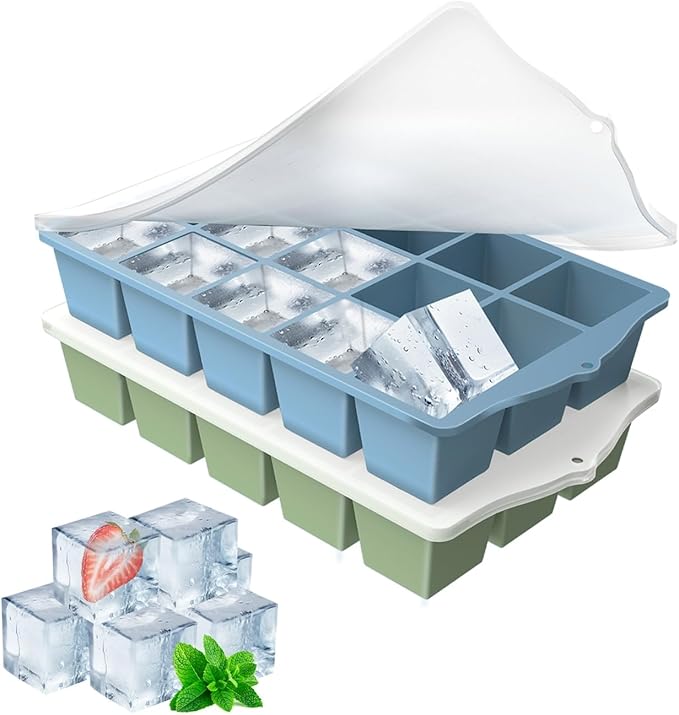 Silicone Ice Cube Tray, 2 Pack Easy-Release Stackable Ice Trays for Freezer with Lid 15 Reusable Cubes, Food Grade BPA Free Ice Molds for Whiskey, Baby Food, Coffee, Cocktail (Blue+Green)