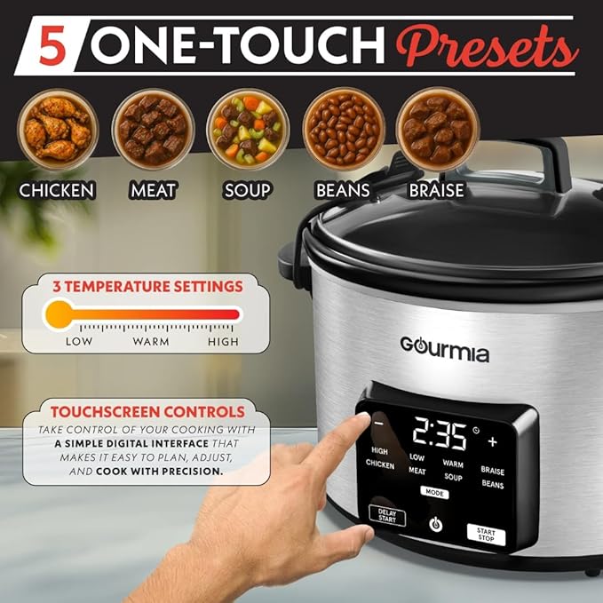 Gourmiia 4.5 Qt Programmable Slow Cooker with 5 Presets, Slow Cook, Digital Timer, Keep Warm Function, Nonstick Interior, Dishwasher Safe (Stainless Steel)