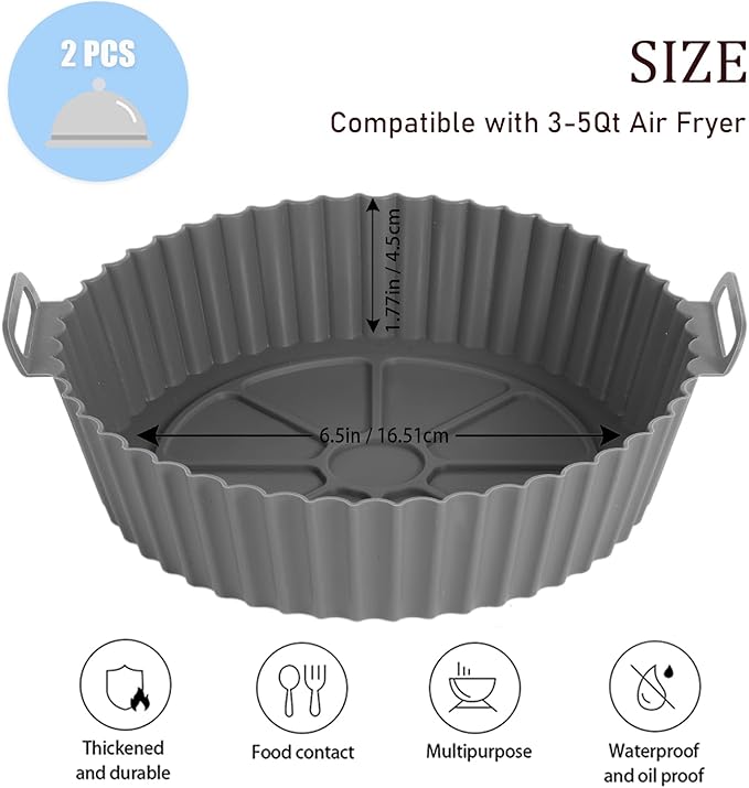 Silicone Liners, Pot 2 Pcs Reusable Non-Stick Air Fryer Basket Bowl Fit 3-5QT Baking Replacement of Flammable Parchment Paper(Round, 6.5 Inch)
