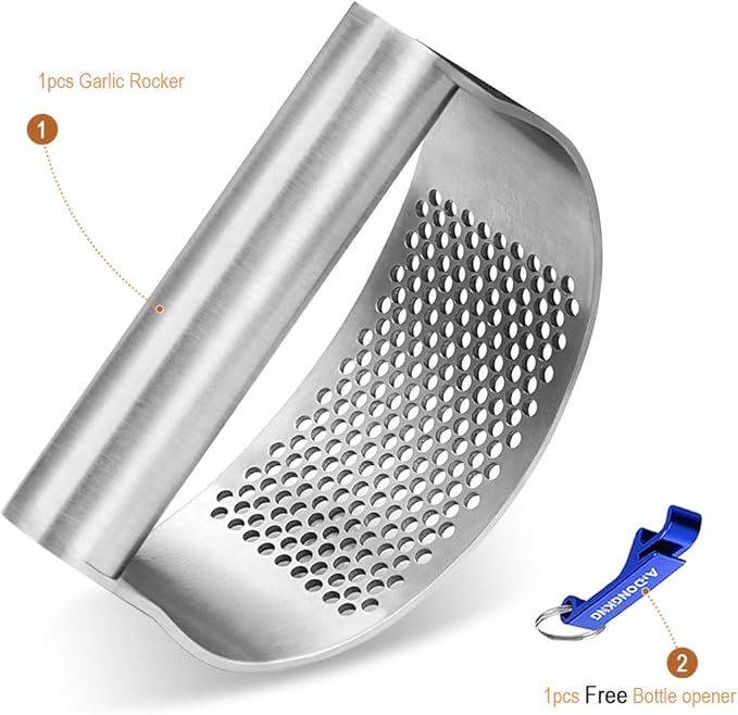 Garlic Press Rocker, Bottle Opener, Stainless Steel Garlic Crusher Chopper Squeezer Slicer Mincer
