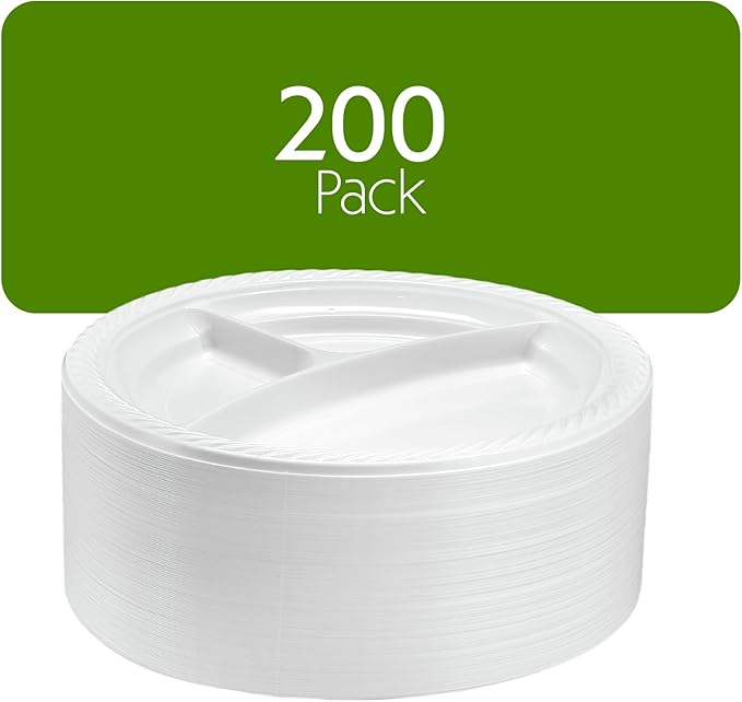 PLASTICPRO 9 inch Round Plastic Plates 3 Compartment - 3 Section Plates Microwaveable, Disposable, White, Dinnerware 200 Count