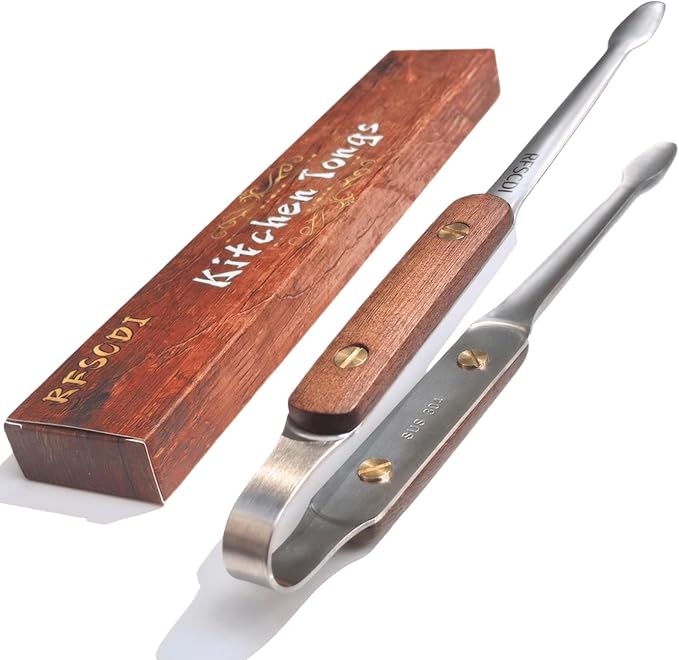 Premium Kitchen Tongs - 304 Stainless Steel & Walnut Wood, Comfortable Grip, Non-Slip Design, High Heat Resistant - Ideal for Home, Cooking, Barbecue & Frying Steak, 9-Inch, silvery