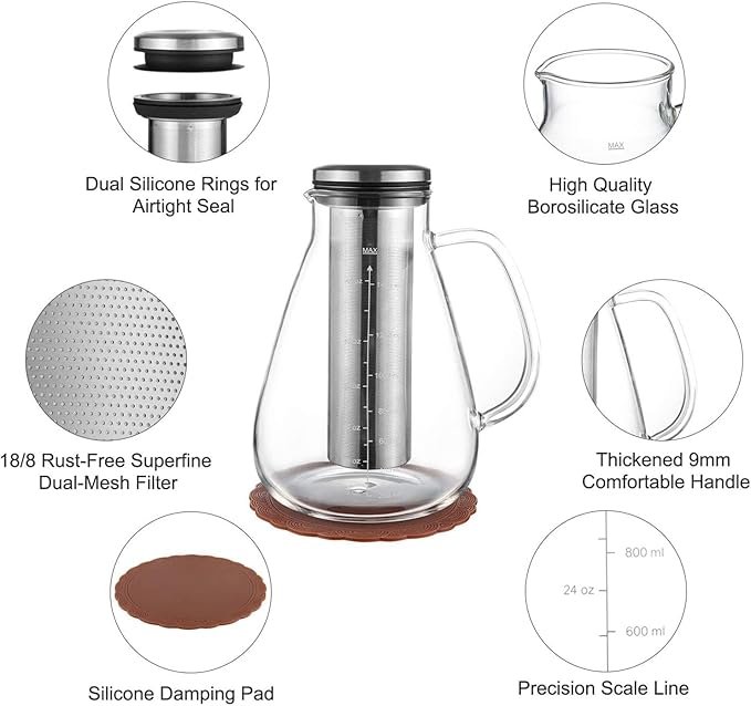 Cold Brew Iced Coffee Maker 34oz, Brewed Coffee Pot with Removable Double Mesh 304 Stainless Steel Filter, BPA-Free Cold Brew Pitcher Glass Container, Tea Maker