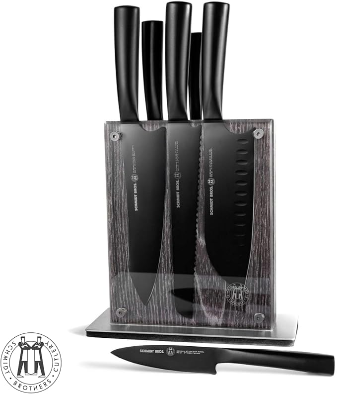 Schmidt Brothers - Jet Black Series 7-Piece Kitchen Knife Set, High-Carbon German Stainless Steel Cutlery, Pure Matte Black Titanium Finish With Clear Acrylic Magnetic Knife Block