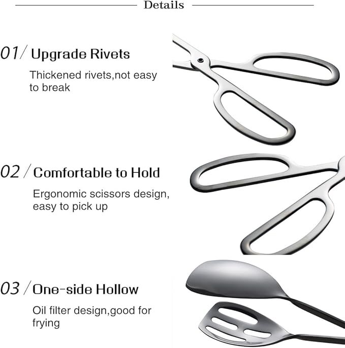 2 Pieces Buffet Salad Tongs for Kitchen Serving and Cooking, Stainless Steel Food Scissor Tongs, Catering Utensil for Bread Cake Bake Steak Barbecue (Black)