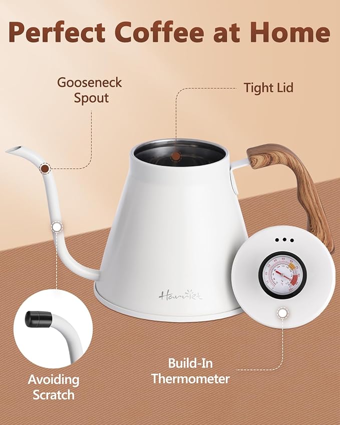 Harriet Gooseneck Kettle with Thermometer for Pour Over Coffee and Tea, 37 fl oz, Stainless Steel, Durable 3-Layer Base, Ideal Spout for Precision Pouring, Compatible with all Stove Tops, White