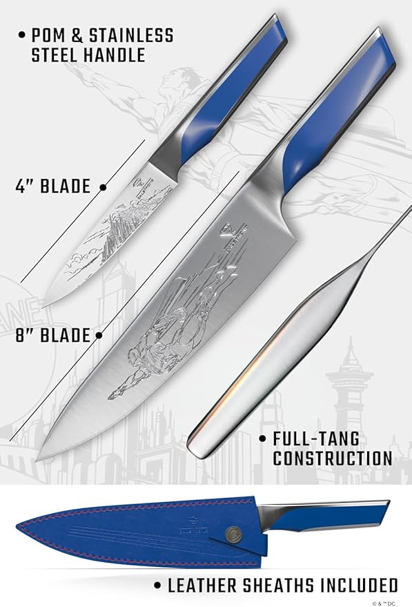 Dalstrong Knife Set-2pc- DC SUPERMAN™ Licensed Edition-8" Chef Knife & 4" Paring Knife-Premium German Stainless Steel-POM Handle Kitchen Knife Set-Leather Sheaths