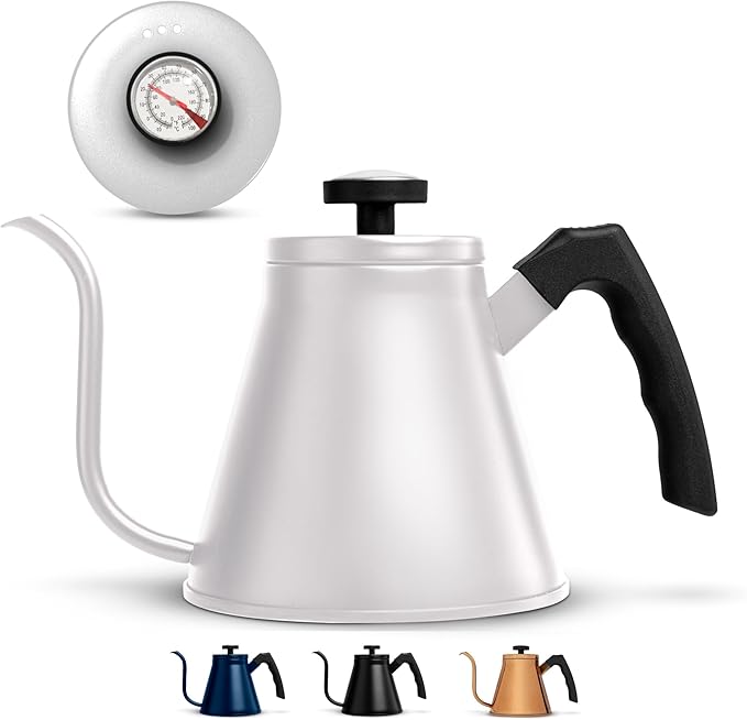 Kook Gooseneck Kettle, Kettle Stovetop, with Thermometer, Tea Pot, for Pour Over Coffee & Tea, Temperature Gauge, Electric, Compatible for Gas Stovetop, 3 Ply Stainless Steel Base, 27 oz, (White)