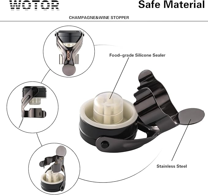 WOTOR Champagne&Wine Bottle Stoppers Stainless Steel with Food Grade Silicone, Leak Proof Keep Fresh Reusable Saver, Cork Suitable for Wine, Champagne, Cava, Prosecco and Sparkling (6 Pack Black）