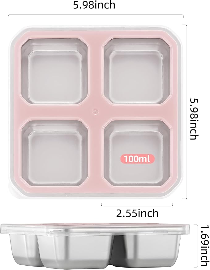BEFOY 2 Pack Stainless Steel Snack Containers with Lids 4 Compartment Food Storage Containers for Adults Meal Prep Reusable for work or going out.(PINK, 2)
