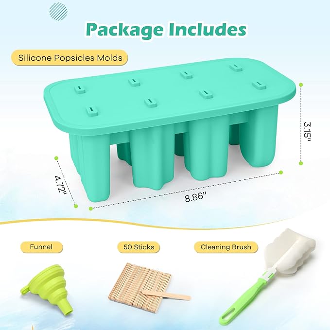 Popsicles Molds, 8-Cavity Silicone Popsicle Molds with 50 Sticks, BPA-Free Ice Pop Mold Popsicle Maker with Funnel & Cleaning Brush for Kids Adult Teens