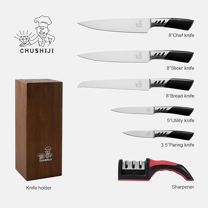 Knife Block Set, 7 Piece Cooking Knife Set, Premium Kitchen Knife Set with Knife Block and Sharpener, Hardwood Brown Knife Set，New Apartment Gift