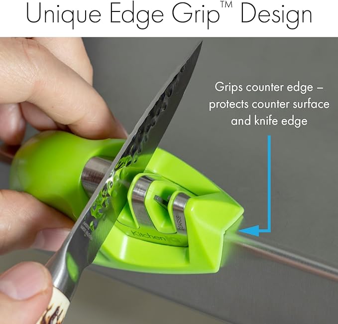 KitchenIQ 51422 | Edge Grip 2-Stage Knife Sharpener | Green – 3 Pack | Coarse & Fine Sharpener | Compact for Easy Storage | Stable Non-Slip Base | Soft Grip Rubber Handle | Straight & Serrated Knives