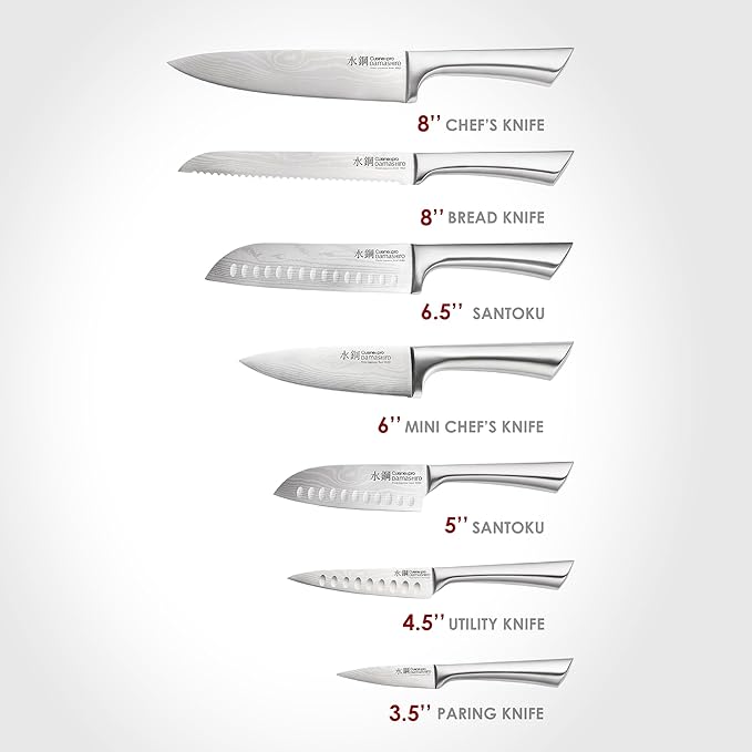 Cuisine::pro Damashiro 8-Piece Satori Knife Block - Japanese Steel Knife Set with Acacia Wood Knife Block -Damascus-Inspired Blade