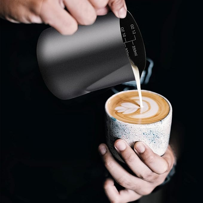 Milk Frothing Pitcher, 12OZ/350ML Stainless Steel Espresso Steaming Pitcher Coffee Milk Frother Cup with Decorating Art Pen for Espresso Machine, Milk Frother, Latte Art Black