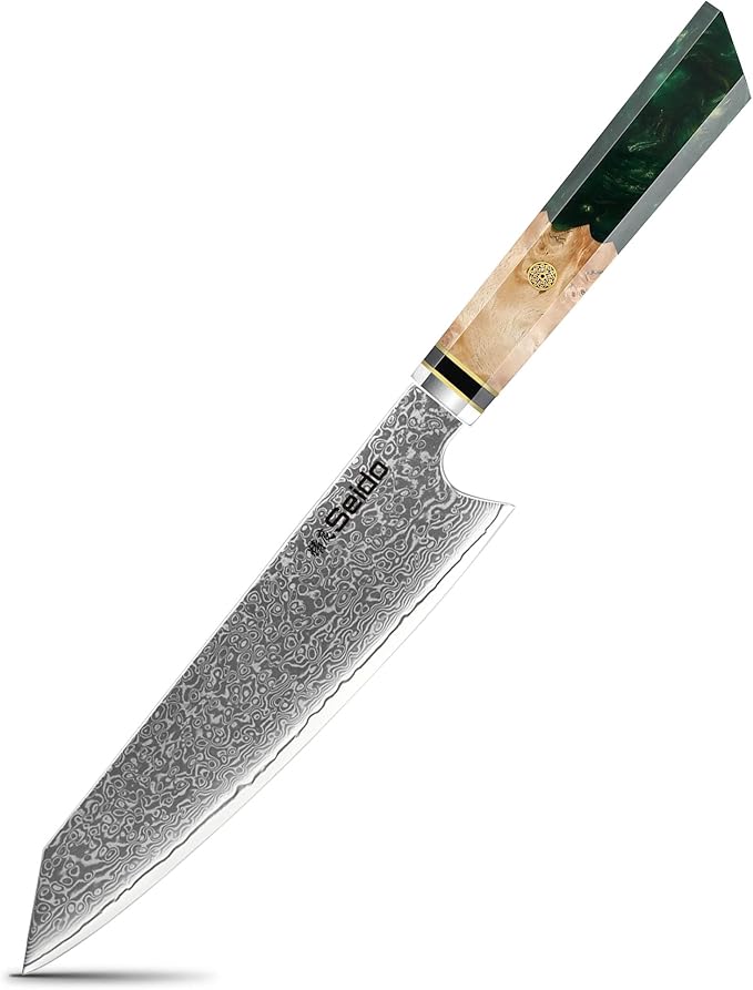 Seido Knives Kiritsuke Damascus Steel Chef Knife Epoxy Resin Stabilized Wood Handle Professional Kitchen Knife VG10 High Carbon Stainless Steel, Forest Green