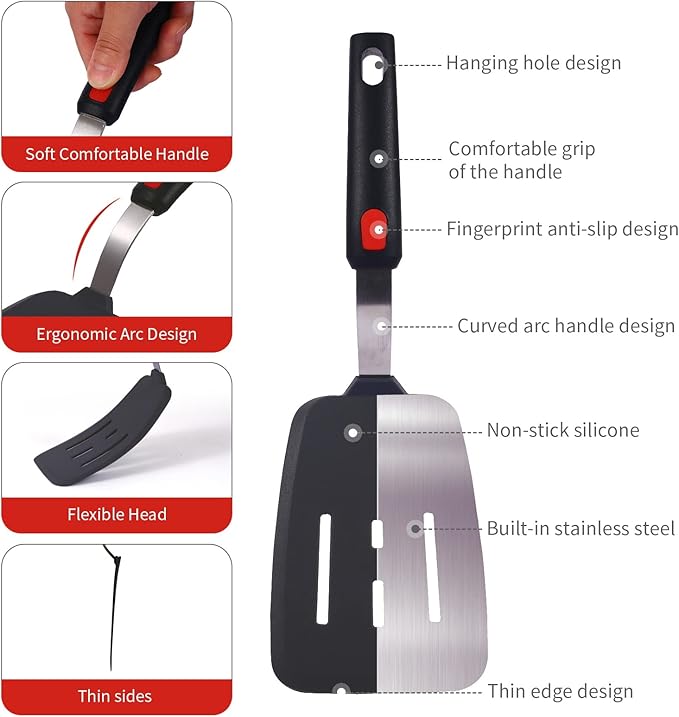 Kitchen Cooking Utensils Large Silicone Spatulas Turner Heat Resistant 3-Pack Set For Nonstick Cookware,BPA-Free Rubber Thin Slotted Flexible Flipper Spatula for Egg,Pancake,Fish,Cookie,Steak