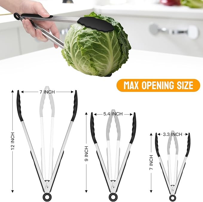 HOTEC Premium Stainless Steel Locking Kitchen Tongs with Silicon Tips, Heat Resistant Cooking Tongs Set of 3-7", 9" and 12" (Black)