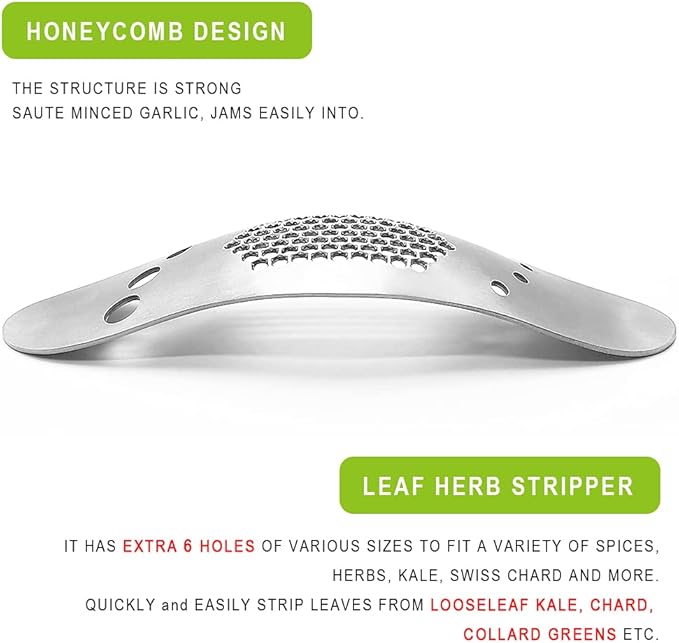 Garlic Press Rocker & Leaf Herb Stripper, Silicone Roller Peeler, Bottle Opener, Stainless Steel Garlic Crusher Chopper Squeezer Slicer Mincer