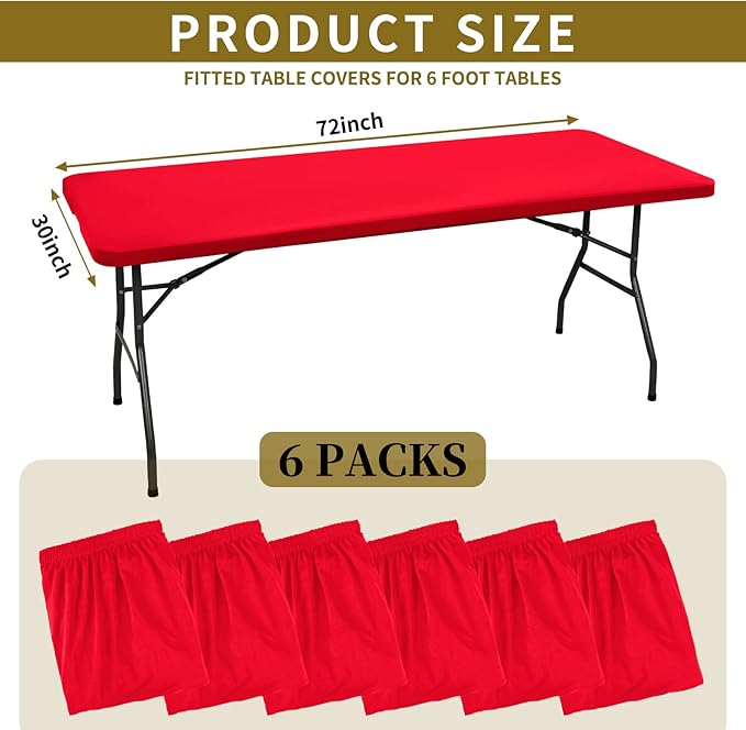6 Pack Stretch Fabric Table Top Cap Cover, fits 6' Tables, Spandex Table Covers Washable Elastic Universal Rectangle Tablecloth Protector for Indoor Outdoor Party Picnic Wedding, Red, 30" W x 72" L