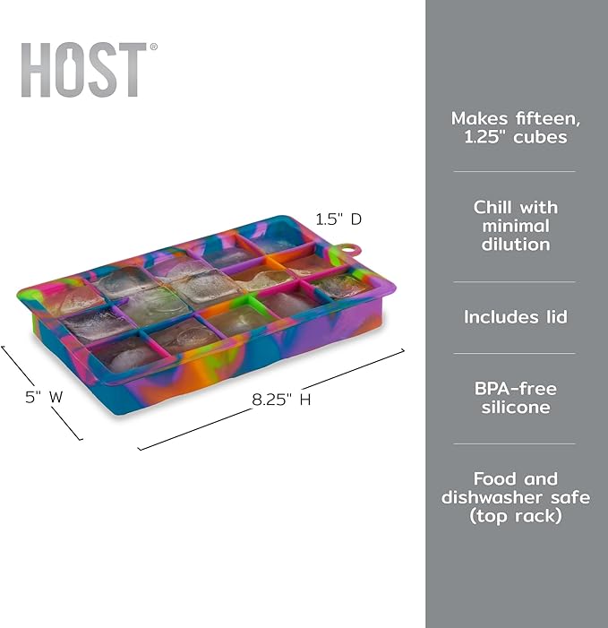 Host Ice Cube Tray with Lid, Makes 15 1.25" Cubes, Durable Silicone Trays, Perfect for Cocktails, Beverages, Mocktails, Iced Coffee, Tea, Infused Water, Kitchen Essentials, Set of 1, Colored Marble