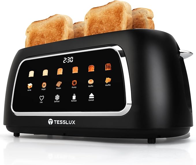 4 Slice Toaster with Touch Screen Control, 1.5" Wide Long Slots, 6 Browning Levels & 6 Bread Types, Digital Timer, Memory, Defrost, Reheat (BLACK)