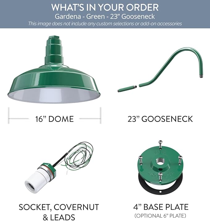 Steel Lighting Co. Gardena Barn Light | Outdoor Wall Mounted | 16" Dome | 23" Gooseneck | Farmhouse Light Made in America | Green Exterior/White Interior