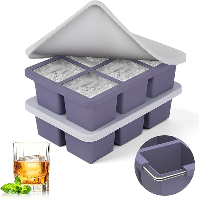 mossime Silicone Ice Cube Tray: 2pack Square Whiskey Large Ice Cube Molds - Old Fashioned Ice Cube Trays with Lid - 2inch Easy Release Big Freezer Mold for Cocktail Baby Food Soup & Juice