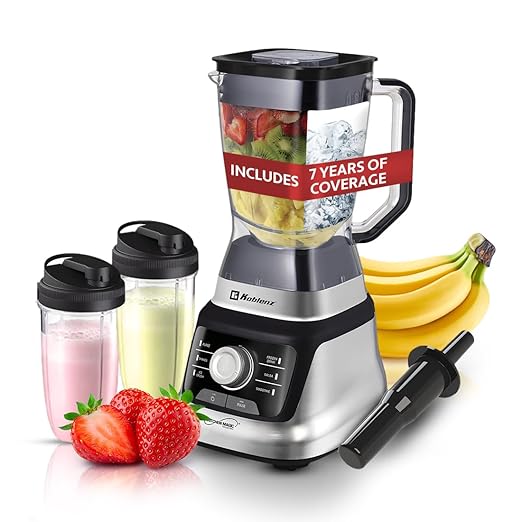 Koblenz Bob Blender, Countertop with Reversible motor, Speed Knob and 6 Functions, 1400-watt Motor, 68 oz. Capacity, Super Silent Operation, Includes 2 To-Go Cups and Tamper, Black/Chrome, LKM-9610