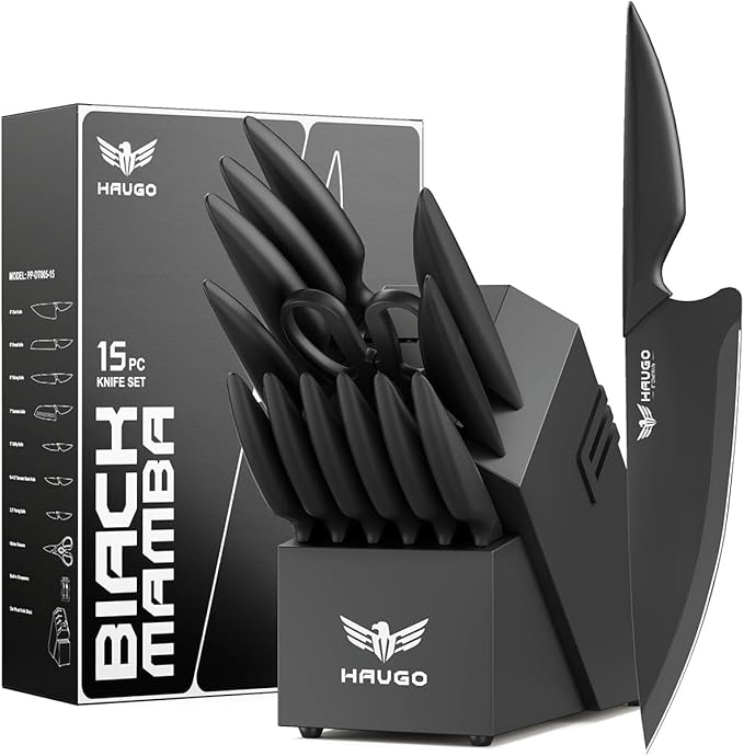Knife Set - Haugo 15 PCS Kitchen Knife Set with Built in Sharpener - High Carbon German Stainless Steel - Dishwasher Safe Knife Block Set - Anti-Slip Handle - Black Mamba Series