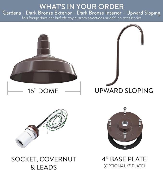 Steel Lighting Co. Gardena Barn Light | Outdoor Wall Mounted | 16" Dome | Upslope Gooseneck | Farmhouse Light Made in America | Dark Bronze Exterior/Dark Bronze Interior
