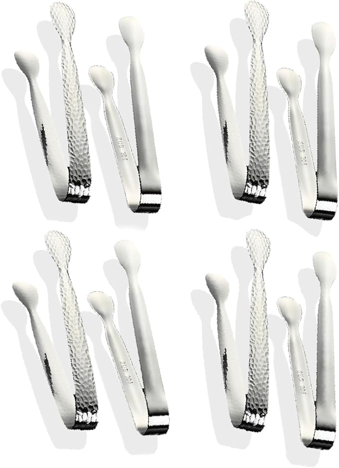 8Pcs 4.3" Stainless Steel Mini Ice Tongs – Ideal for coffee bars, tea parties, dessert events & kitchen use (sugar/ice buckets, appetizers). Available in shiny/textured surface styles for versatile