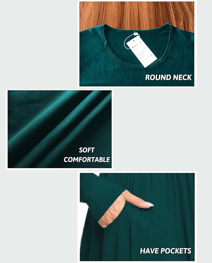 DB MOON Women Casual Long Sleeve Dresses Empire Waist Knee Length Loose Dress with Pockets