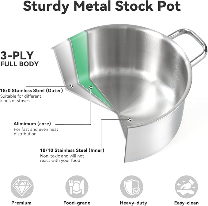 6QT Stock Pot, 316L Stainless Steel Stockpot with Lid, Professional Multi-Use Soup & Pasta Cooking Pot, Oven, Gas and Dishwasher Safe