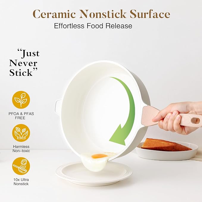 Kordisen Nonstick Ceramic Deep Frying Pan, 10 Inch Non Toxic Skillet with Lid, Healthy Jumbo Cooker, Saute Pan for Cooking, Induction Cookware, PFOA & PFAS Free (Cream)