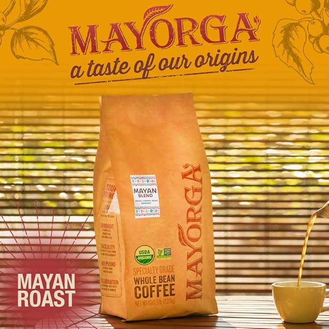Mayorga Organic Coffee 5lb Mayan Blend - Medium Roast Whole Bean Coffee Specialty Grade, 100% Arabica, Slow Roasted, Chocolate and Floral Flavor with Low Acidity - USDA Organic, Non-GMO, Kosher