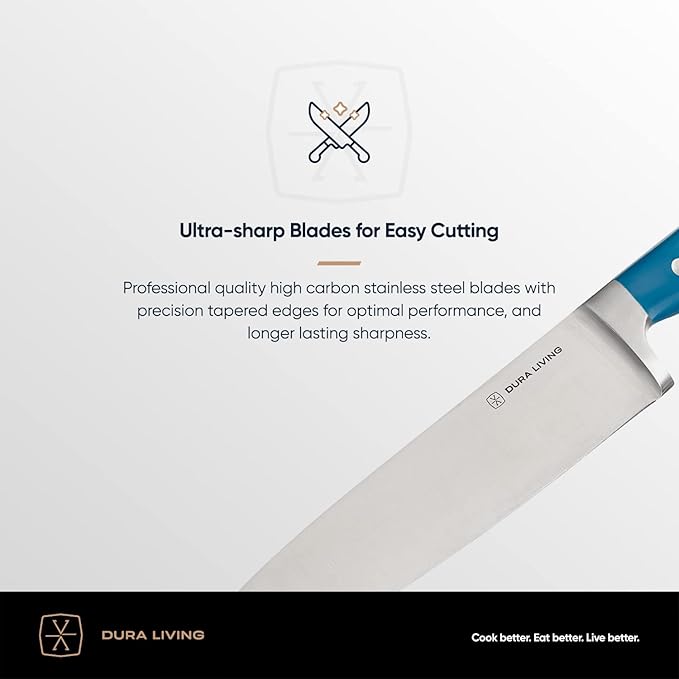 DURA LIVING Chef's Knife Set, 4 Piece Cutlery Knife Set, Superior Forged High Carbon Stainless Steel Ultra Sharp 8 Inch Chef, 7 Inch Santoku, 5 Inch Utility, 3.5 Inch Paring Knives, Royal Blue