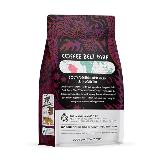 Bones Coffee Company Dragon's Lair, Smokey, Cacao and Caramelized Sugar Notes, Unflavored Coffee, Medium Roast Low Acid Arabica Beans Compatible with Auto drip and French Press Coffee Maker, 12 Oz Whole Bean