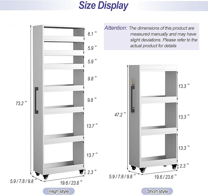 7-Tier Slim Storage Cart, Wooden Rolling Pantry Cabinet with Wheels, Narrow Shelf Organizer for Kitchen, Bakers Rack, Dining Room, Closet, Small Spaces Gray 73.2''H*7.8''W*19.6''D
